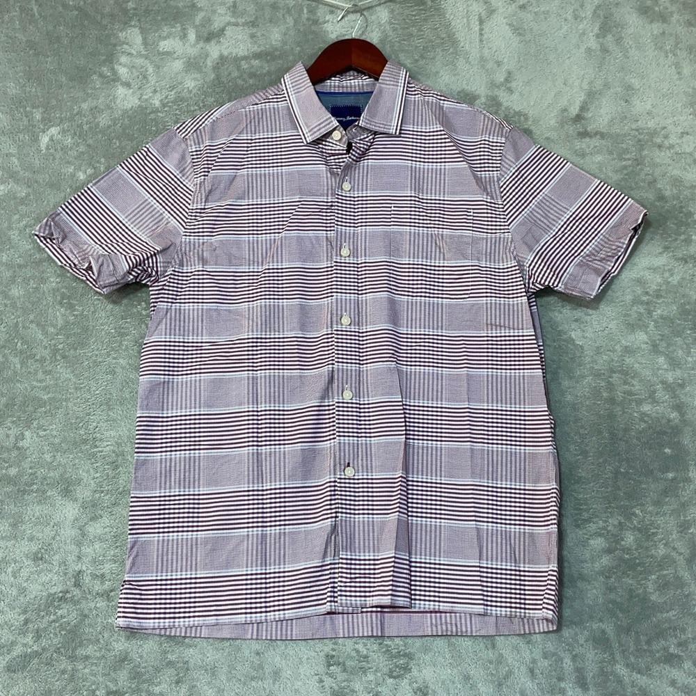 Tommy Bahama Men's L Purple Plaid Short Sleeve Button Down Shirt Cotton Silk
